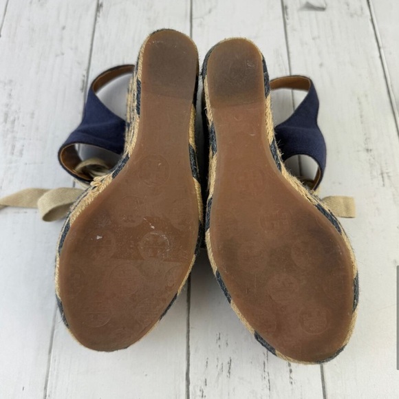 Tory Burch Navy Blue Linley High Open Toe Tie Front Espadrille Wedge Size 5 - Picture 9 of 12